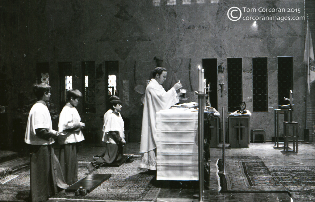 black and white photo of a catholic mass